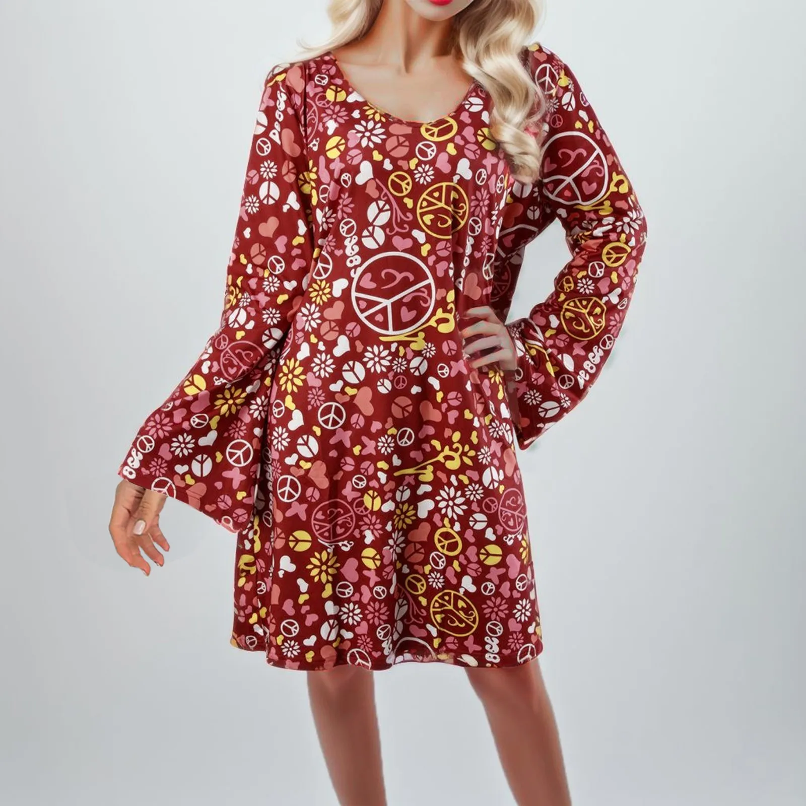 

Autumn Fashion Vintage Printed Short Dress For Women Casual Round Neck Large Size Dress Loose Comfortable Long Sleeve Dress