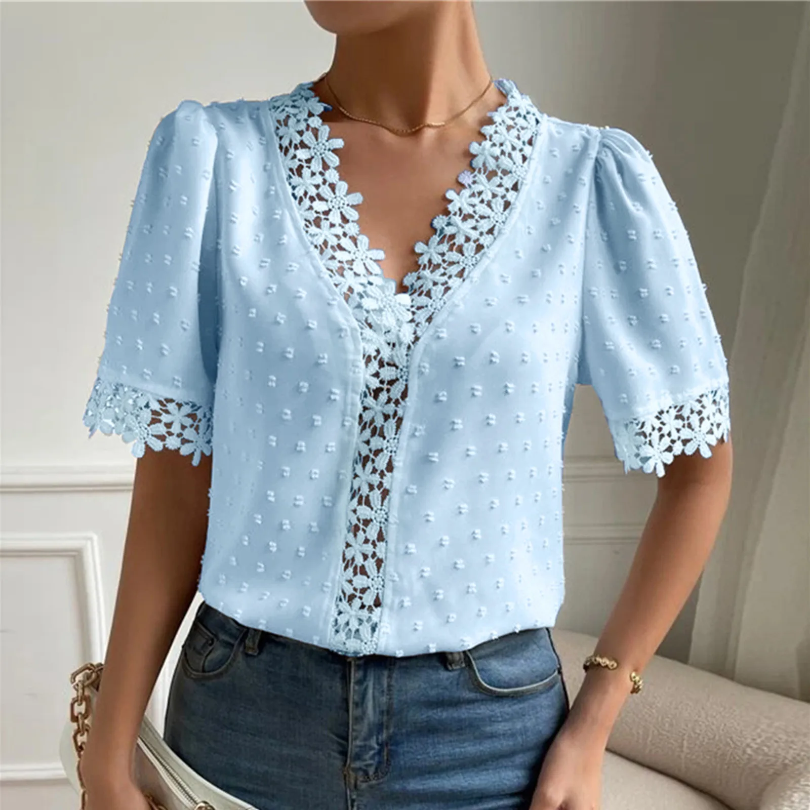 

Womens Chiffon Shirts Hollow Floral Lace Shirt V Neck Short Puff Sleeve Blouse Casual Elegant Sweet Tops And Blouses Blusas