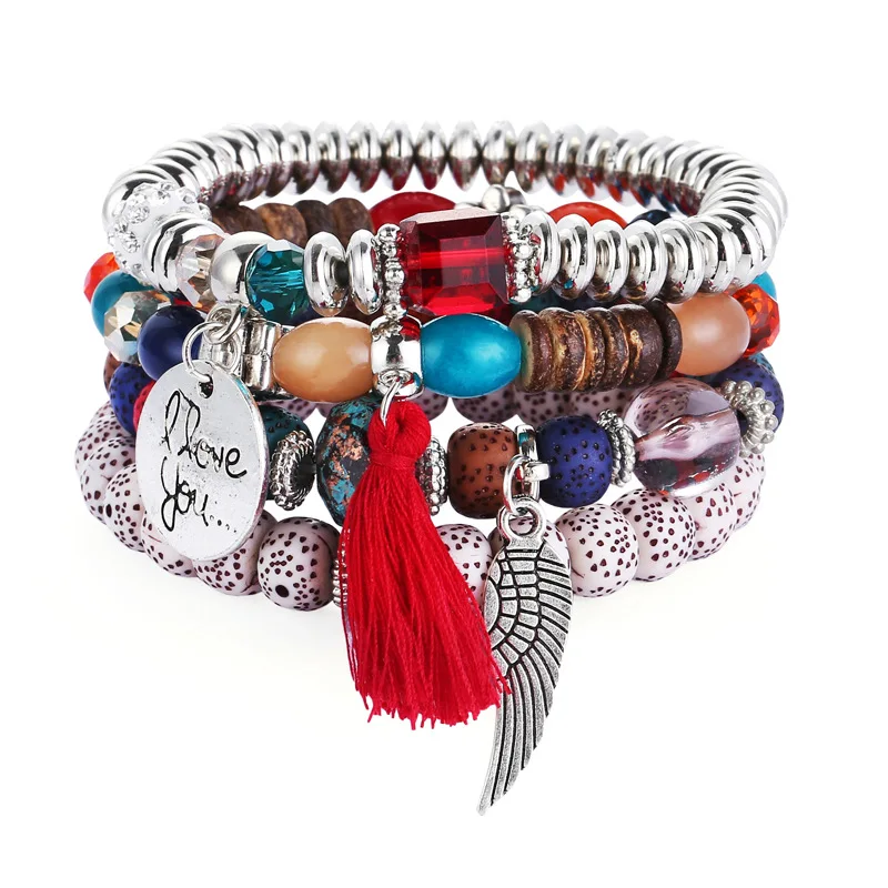 

Bohemian Stackable Fringe Beades Bracelets I Love You Wing Charm for Women Stretch Multilayered Strand Bangle