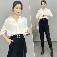 womens shirt set 2022 spring new style temperament slim fit v neck top womens casual pants two piece set