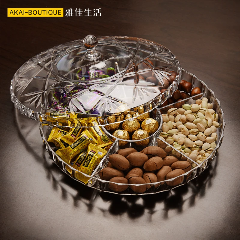Modern Creative Living Room Dried Fruit Tray Grid with Cover New Year Snack Box Nut Box Transparent Dried Fruit Box