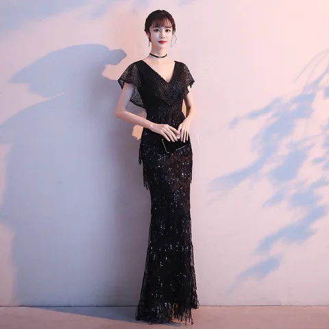 Черные вечерние платья, длинная юбка, женское строгое платье 2023