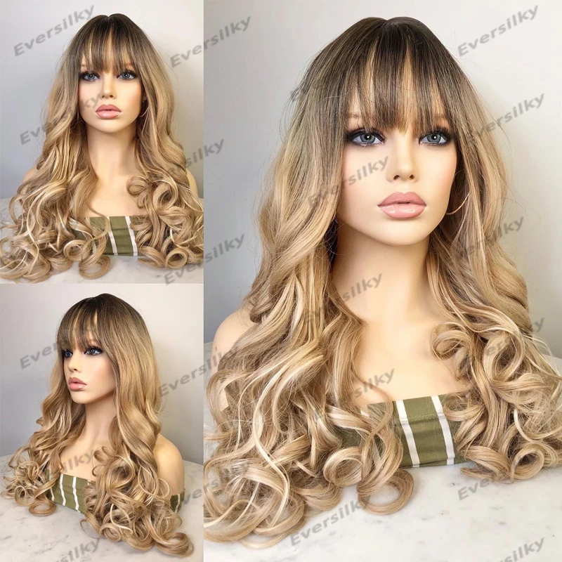 

Glueless Fringe Human Hair Wigs for Women Ombre Champagne Ash Blonde Wavy Long Bangs Cut 13x6 Transparent Lace Front Wigs Virgin