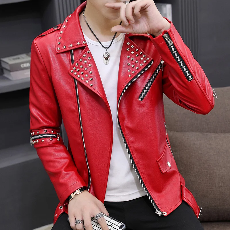 

2023 Men's Casual Autumn Slim Fit Handsome Rivet Oblique Zipper Leather Jacket Youth Trendy Motorcycle PU Leather Jacket
