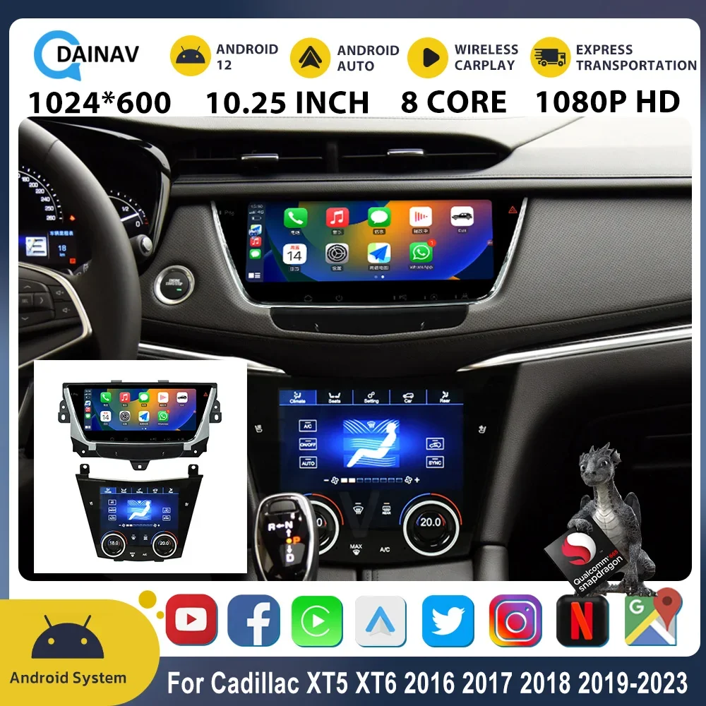 

Автомагнитола на Android 12 для Cadillac XT5 XT6 2016 2017 2018 2023, автомобильный стерео мультимедийный плеер с GPS-Навигатором Qualcomm Carplay