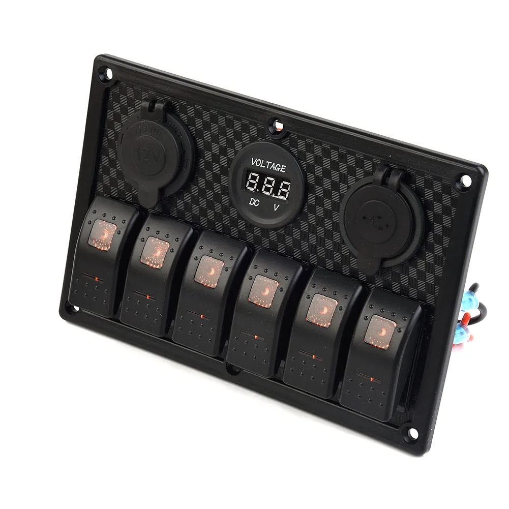 

6 Gang Toggle Switch Panel Breaker Orange LED Dual USB RV Car Marine Boat Voltmeter Cigarette Lighter Switches Relays