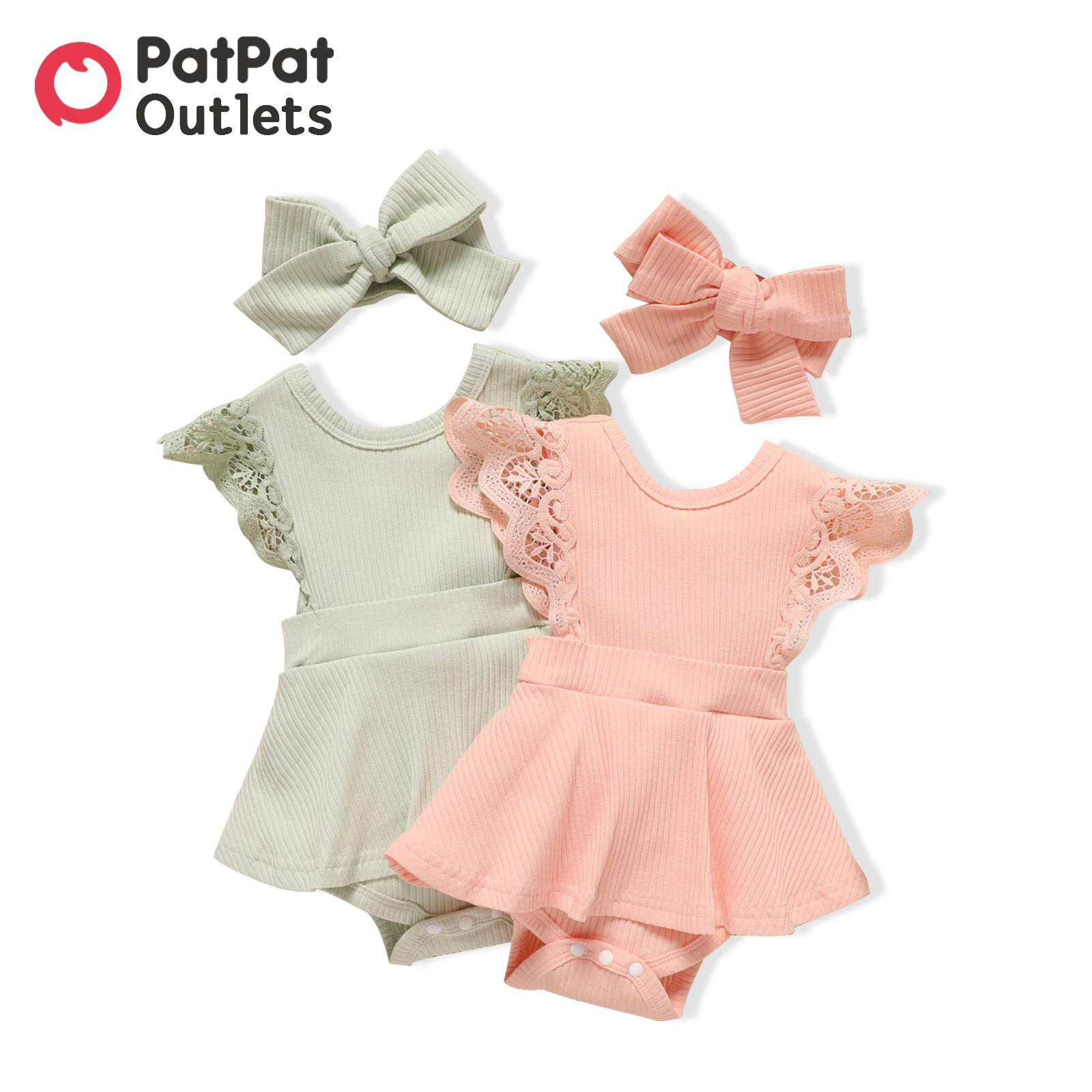 

PatPat 2pcs Infant Summer Cute Newborn Baby Girl Clothes 95% Cotton Lace Flutter-sleeve Solid Ribbed Romper with Headband Set