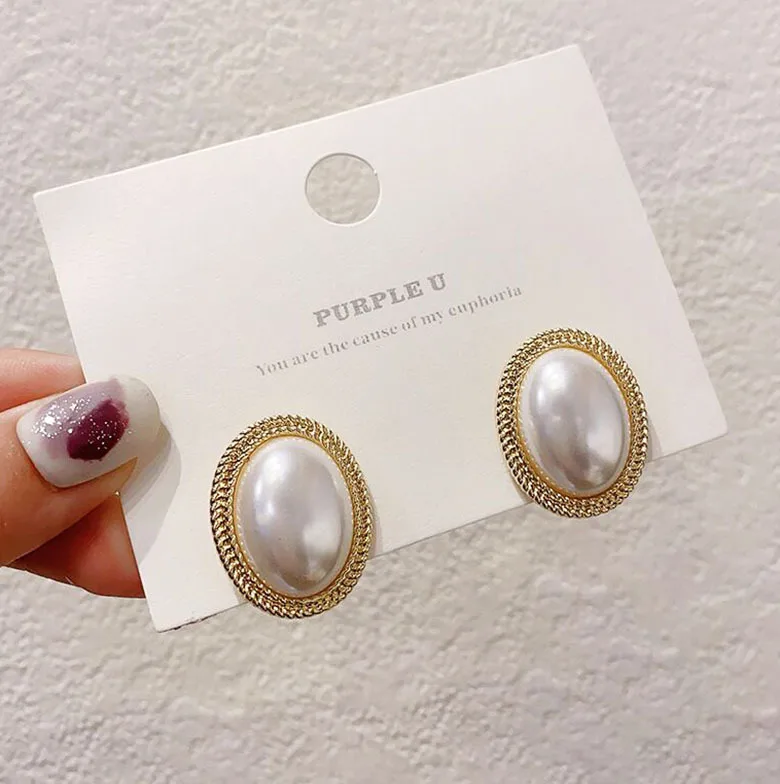 

S925 Silver Needle Earrings Retro Palace Style Pearl Earrings Korean Geometric Ellipse Large Pearl Earrings Earrings For Women