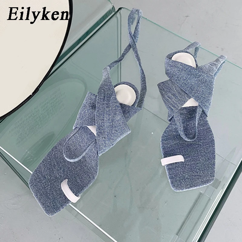 

Eilyken New Style Blue Black Denim Design Summer Clip Toe Hollow Women Sandals Fashion Ankle Lace-Up Ladies Low Heels Shoes