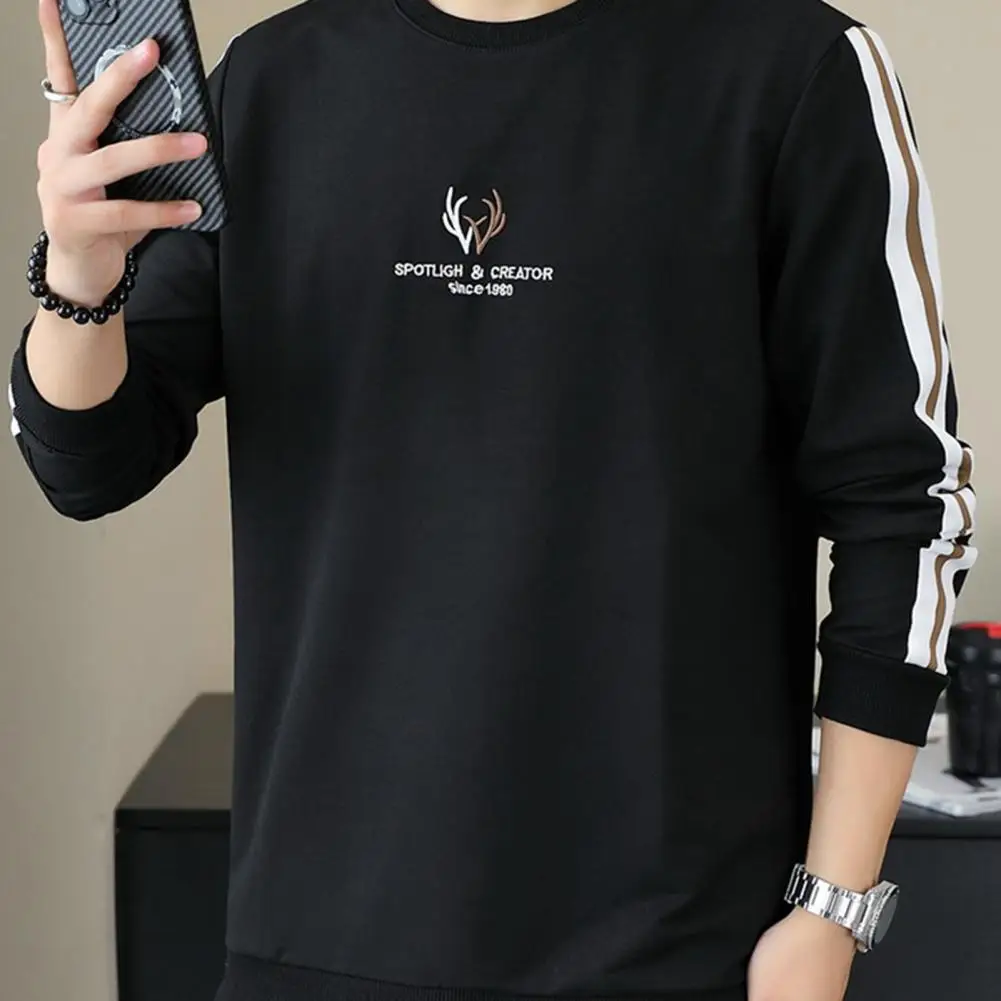 

Elastic Cuff Sweatshirt Stylish Men's Fall Spring Sweatshirt Embroidered Letter Design Loose Fit Soft Comfortable for Casual