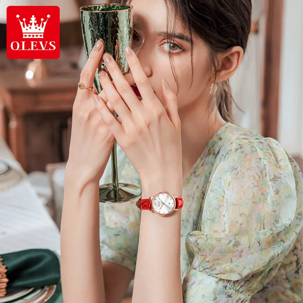 OLEVS женские часы кварцевые для женщин красные кожаные наручные
