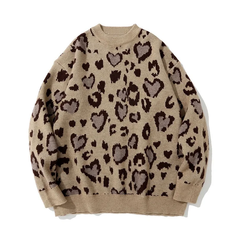 

Heart Loose Harajuku Streetwear Sweaters Knitted Leopard Jumpers Hip Hop Sweater Fashion Casual Knitwear Pullover Tops hombre