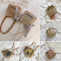 women beach straw woven flower fashion small shoulder embroidery bags ladies lace crossbody handbags small round bag summer