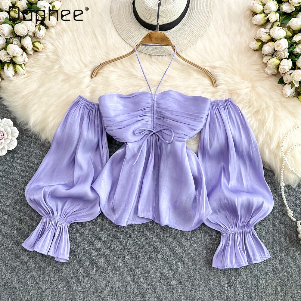

Sexy Woman Purple Halter Off-Shoulder Bustier Top 2022 Spring New French Style Retro Women's Lantern Sleeve Peplum Short Blouses