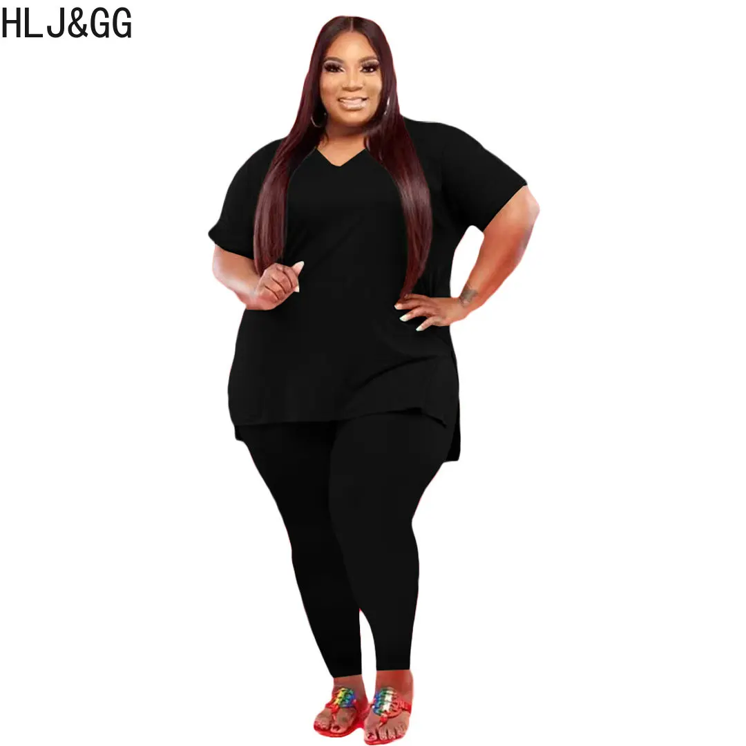 HLJ&GG Casual Solid Color Matching Tracksuits Plus Size Women V Neck Short Sleeve Top And Skinny Pants Two Piece Sets Outfits