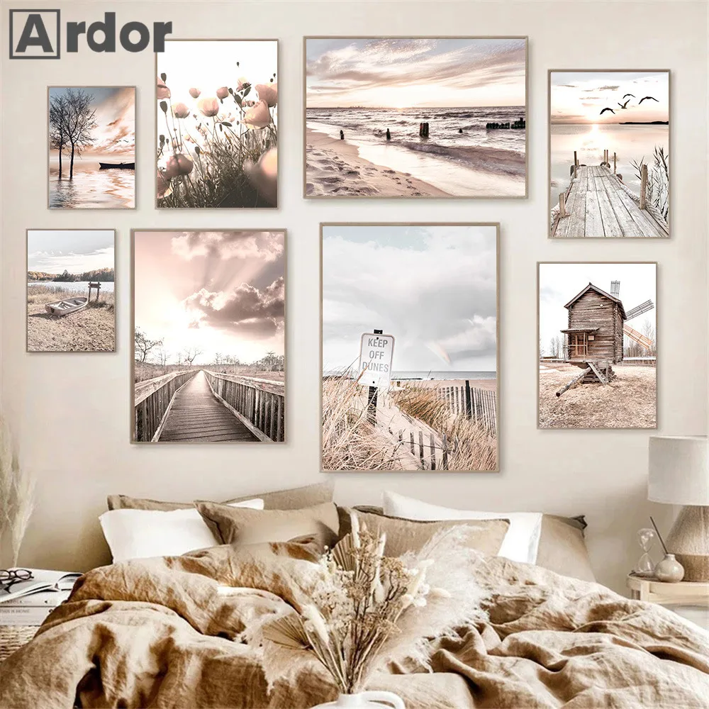 

Bird Lake Bridge Art Painting Windmill Canoe Canvas Print Sunset Poster Beach Wall Art Pictures Nordic Posters Living Room Decor