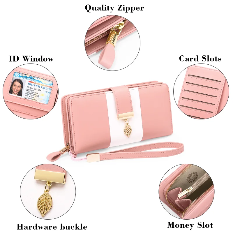 New Ladies Wallet Long Clutch Phone Bags Contrast Color PU Leather Wallets Women Money Bag Credit Card Holder Zipper Coin Purses