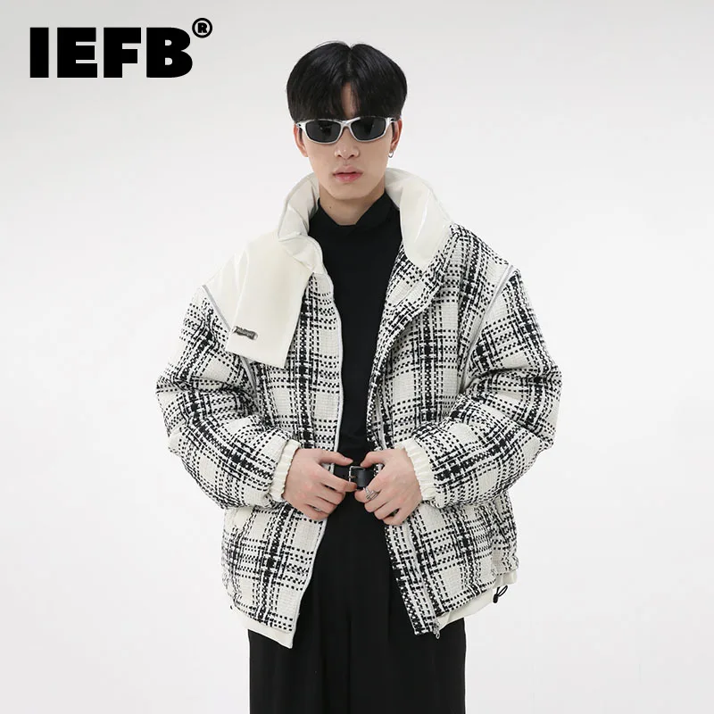 IEFB 2022 Autumn Winter Men's Cotton Coat Plaid Stand Collar Spliced Zipper Niche Design Male Padded Jacket New Fashion 9A6547