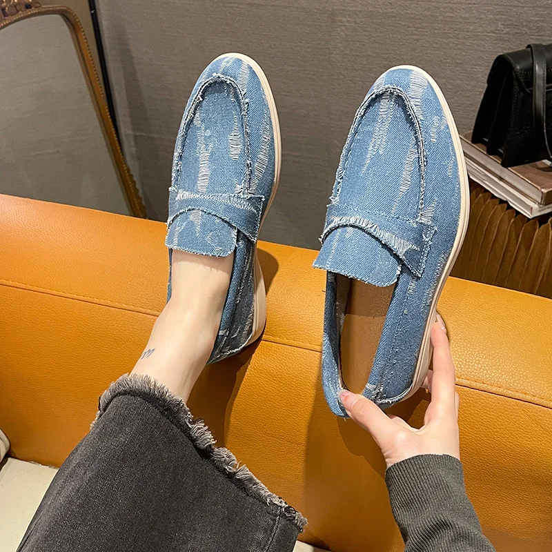 Spring Low Cut Blue Women's Canvas Shoes Non-slip Breathable Loafers for Women Soft Comfortable Casual Shoes Women Size 36-42