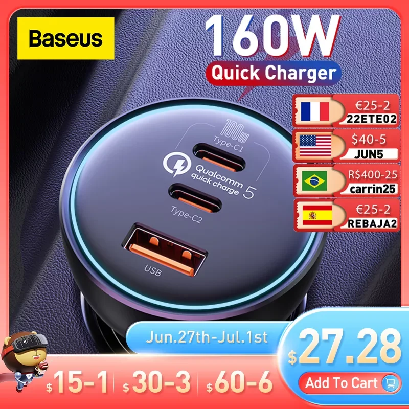 

Автомобильное зарядное устройство Baseus 160 Вт QC 5,0, быстрая зарядка для iPhone 13 12 Pro, USB Type C, быстрое зарядное устройство для ноутбуков, автомобиль...