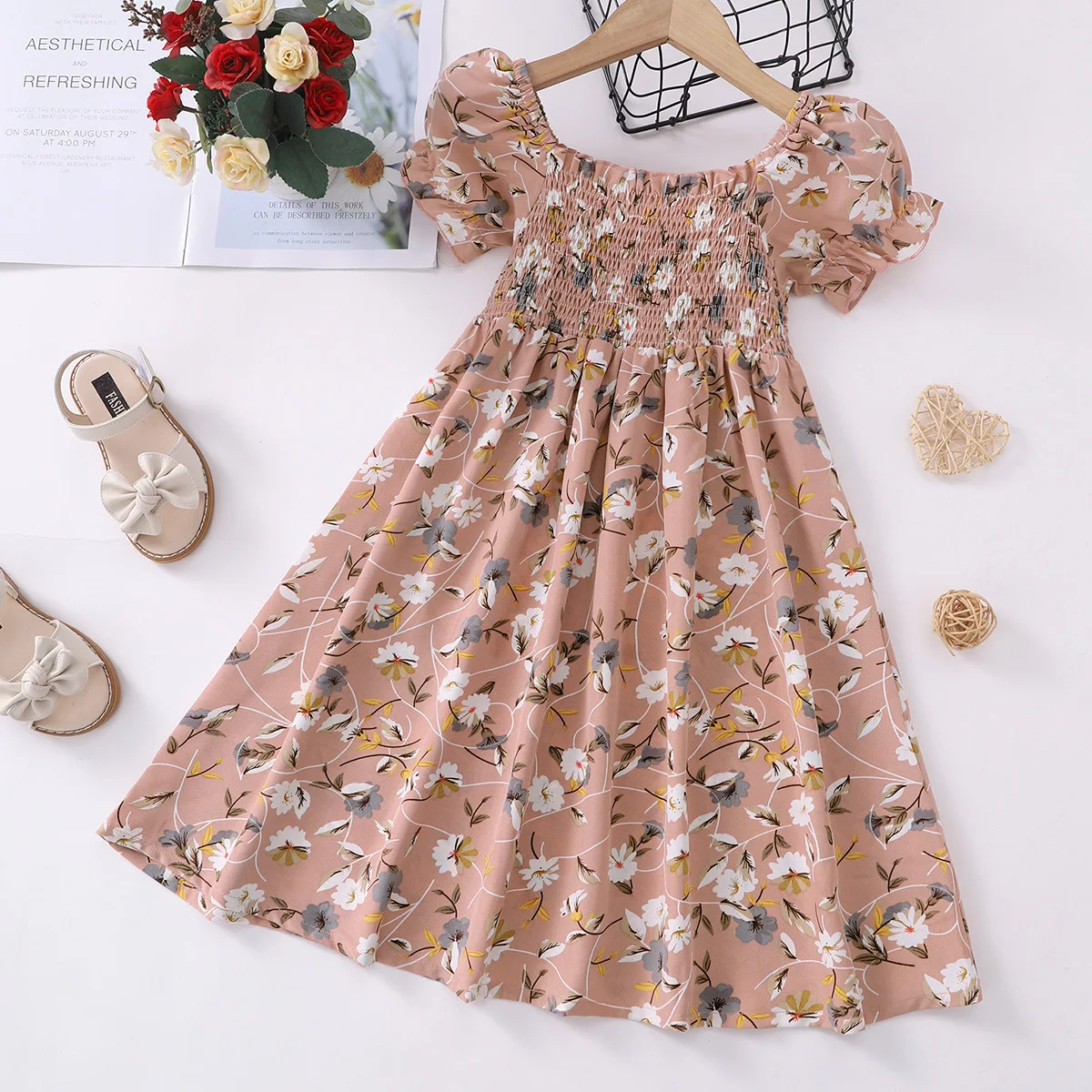 

Повседневное платье принцессы для девочек, Летние Элегантные платья для девочек с цветочным принтом и пышными рукавами, детская французска...