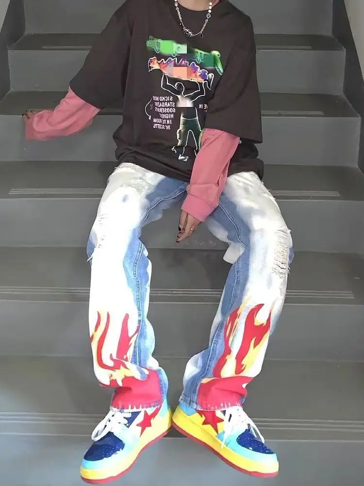 Jeans 2022 Summer New Washed Large Size Ripped Jeans Men And Women Hip-hop Personality High Street Style Straight Trousers