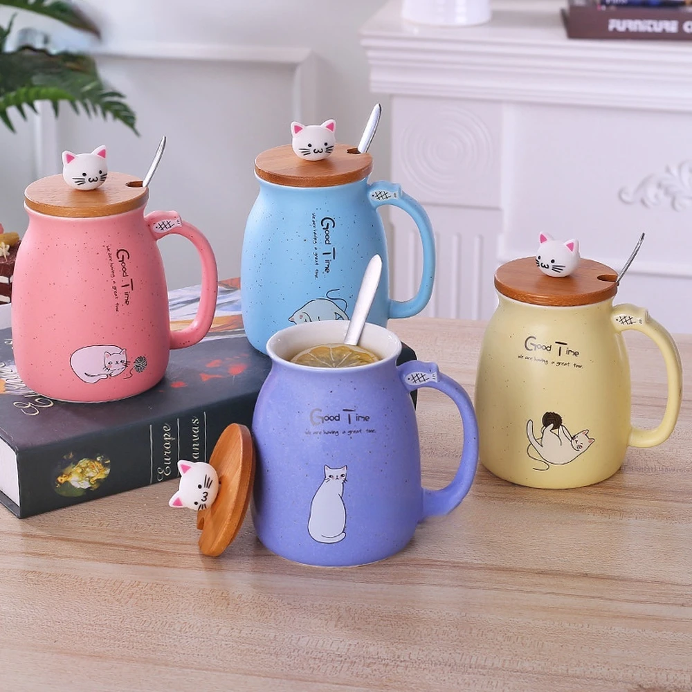 

Creative Color Cat Heat-resistant Mug Cartoon with Lid 450ml Cup Kitten Coffee Ceramic Mugs Children Cup Office Drinkware Gift
