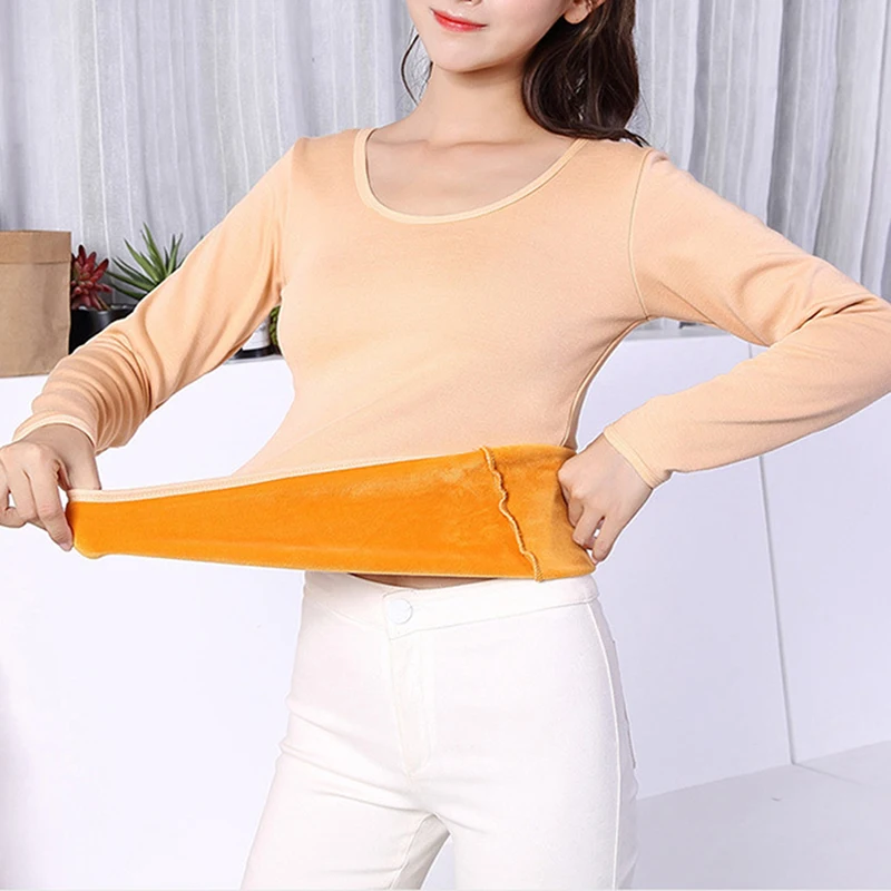 

2XL Long Sleeve Single Layer Velvet Thermal Clothing For Women Winter Underwear O-Neck Basic For Thermos Tops Female Second Skin
