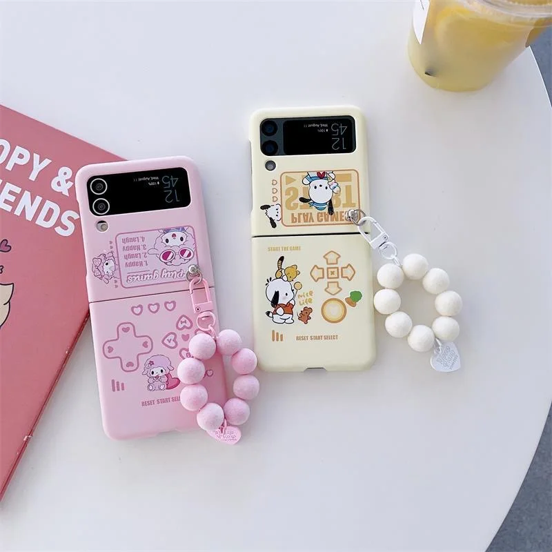 

Kawaii Sanrio Pochacco Mymelody With Bracelet Phone Case For Samsung Galaxy Cover ZFlip3 ZFlip4 5G Back Cover Y2k Girl Gift