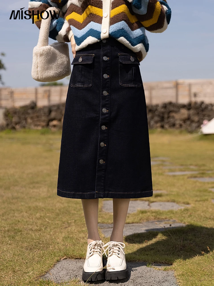 

MISHOW Denim Skirts 2022 Winter Korean Fashion Solid High Waist Slit Aline Mid-calf Skirt Slim Vintage Women Clothing MXB45B0598