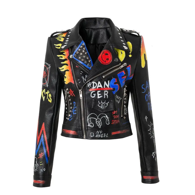 Women's spring and autumn new street hip-hop rock punk color matching graffiti print rivets bullet head jacket in stock