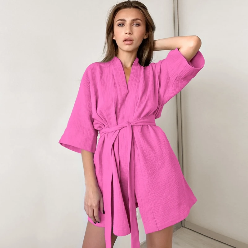 Cotton Robe Lace Up Sleepwear  Mini Bathrobes Muslin Women'S Home Clothes Solid Color Robes Women Nightie Women's Nightwear