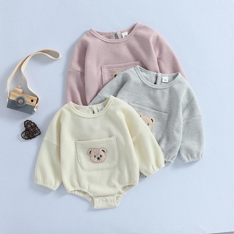 

5 Colors Newest Arrival Baby Fall Bodysuits Casual Long Sleeve Bear Embroidery Front Pocket Bodysuit