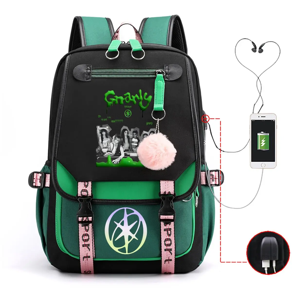 Фото Рюкзак Back To School Katseye с контрастными вставками, USB-портом для зарядки и отверстием для провода наушников, для подростков (мальчиков и девочек) №4