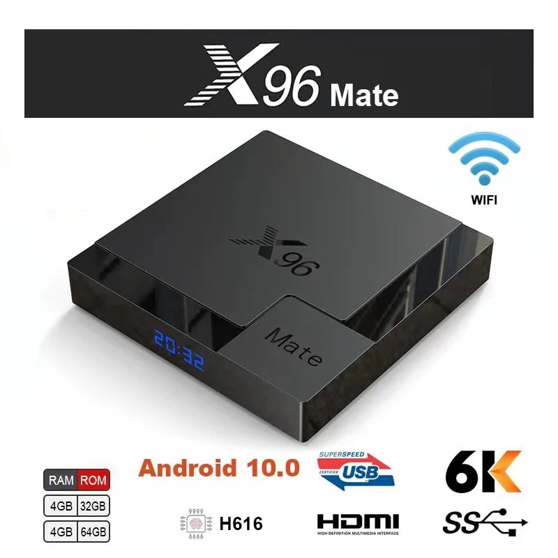

Приставка Смарт-ТВ X96 Mate, Android 10,0, 4 + 32/64 ГБ, Wi-Fi