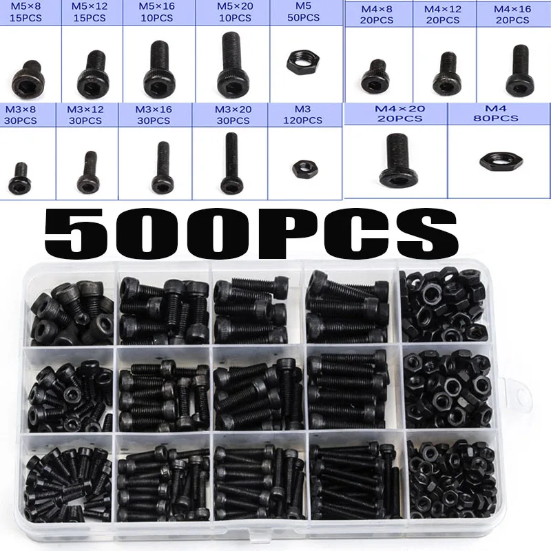 

500PCS/Set M3/M4/M5 Furniture Fastener Assorted Kit Black Carbon-Steel Cylinder Column Hex Hexagon Screw Set