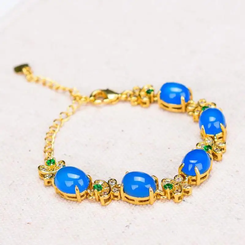 

Браслеты с золотым покрытием из натурального голубого нефрита, ювелирные изделия, медный Женский Синий Халцедон с изумрудным цирконием, бр...