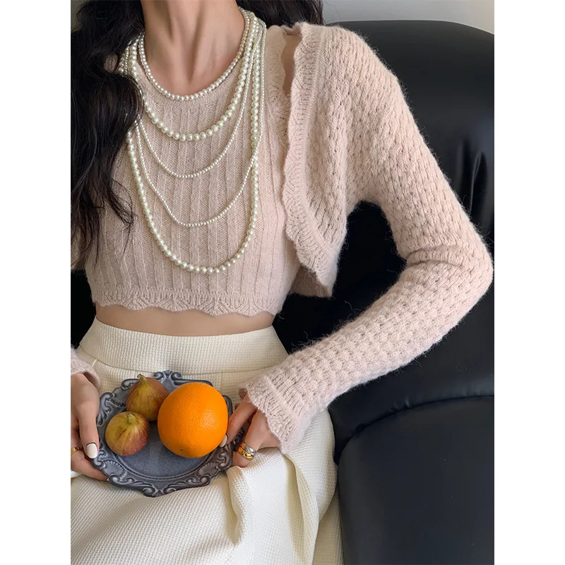 

Свитер Solaina, женский кардиган с волнистыми краями, свитера для женщин, кардиган с рукавом принцессы, зимний модный костюм в Корейском стиле