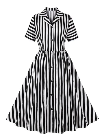 Женское однобортное платье в полоску Tonval, хлопковое плиссированное платье миди в стиле рокабилли 50-х годов с отложным воротником в стиле рокабилли, элегантное платье в стиле 50-х годов