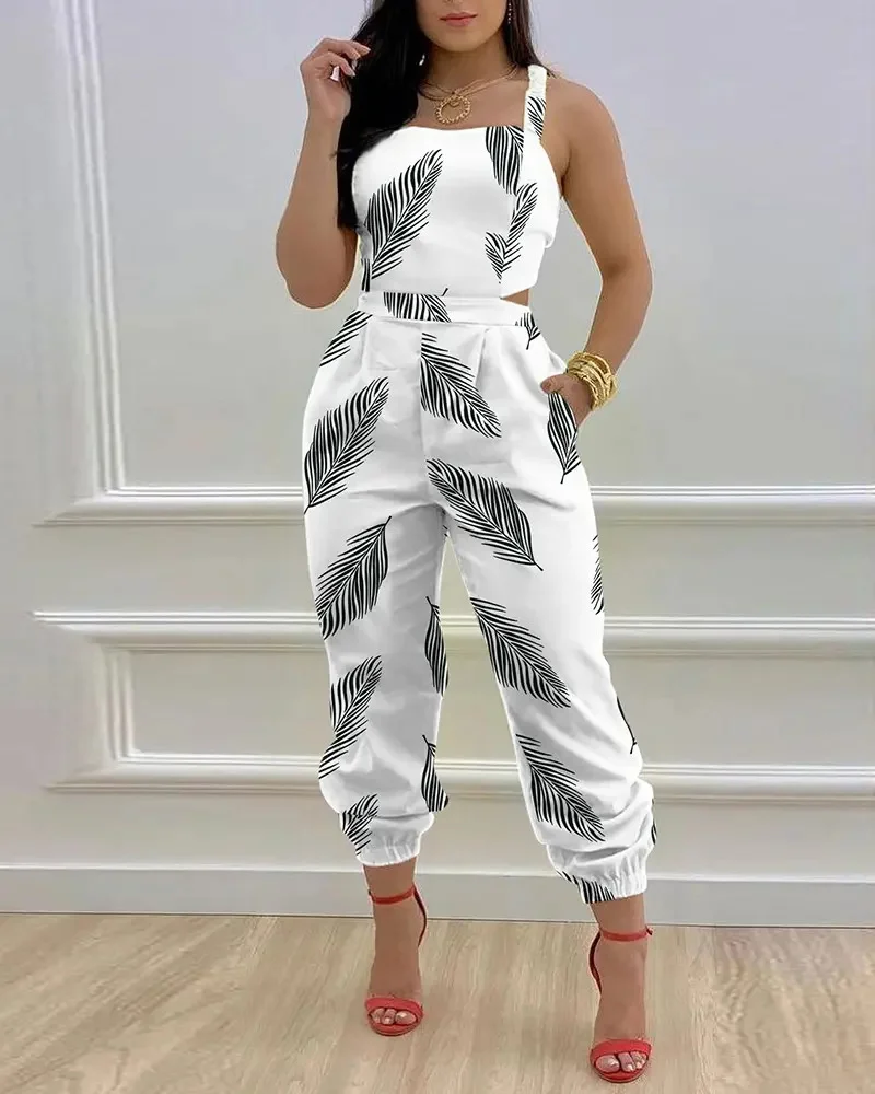 Summer New Jumpsuit Long Women's, Elegant, Butterfly Print Crisscross Lace Up Details Backless Jumpsuit Sleeveless Women