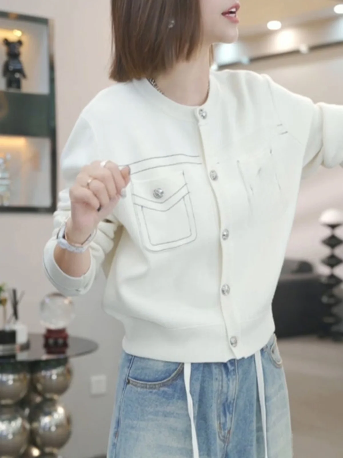 Женская Элегантная трикотажная осенняя одежда с открытой линией в стиле пэчворк