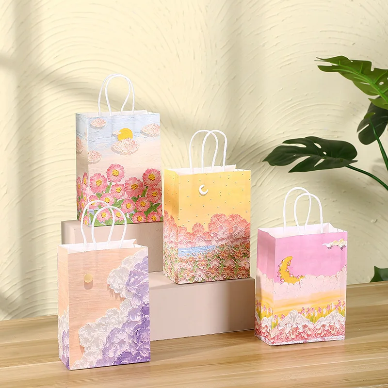 24pcs Party Kraft Paper Gift Bag with Handle 3D Oil Painting Candy Cake Favor Bags Wedding Baby Shower Birthday Decoration