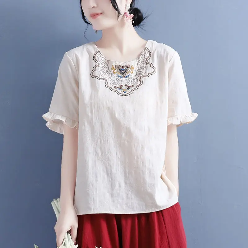 

Cotton Linen Top For Ladies 2023 Summer Korean Fashion Clothes Short Sleeve Tshirt Vintage Embroidery Flower Casual Outfit M-4XL