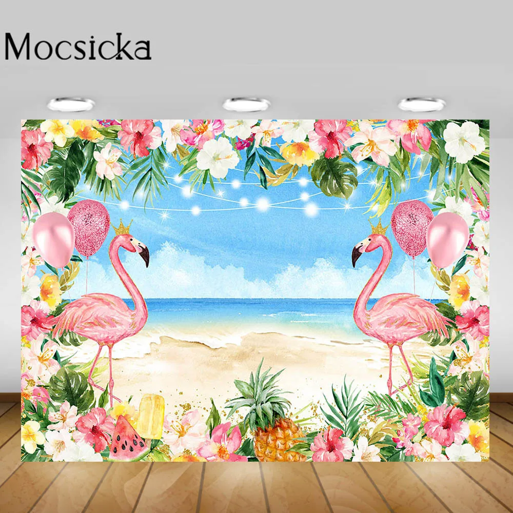 

Mocsicka Summer Beach Flamingo Photography Backdrop Tropical Hawaii Seaside Baby Portrait Photo Background for Photo Studio Prop