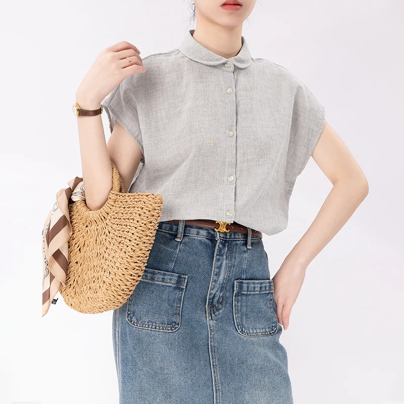 

Stripe Blouses Women Short-sleeved Summer Tops Turn Down Collar Classic Shirts Raglan Lattice Slim Fit Double-layer Cotton Yarn