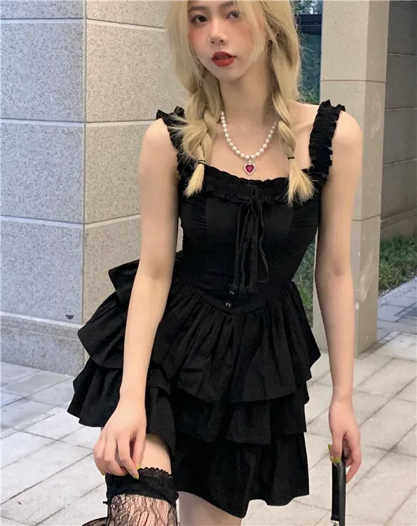 

Japanese Korean Slim Fit Ruffles Sexy Sling Robe Summer Dresses Harajuku Black Y2k Dresses For Women Woman Dress Vestidos Mujer