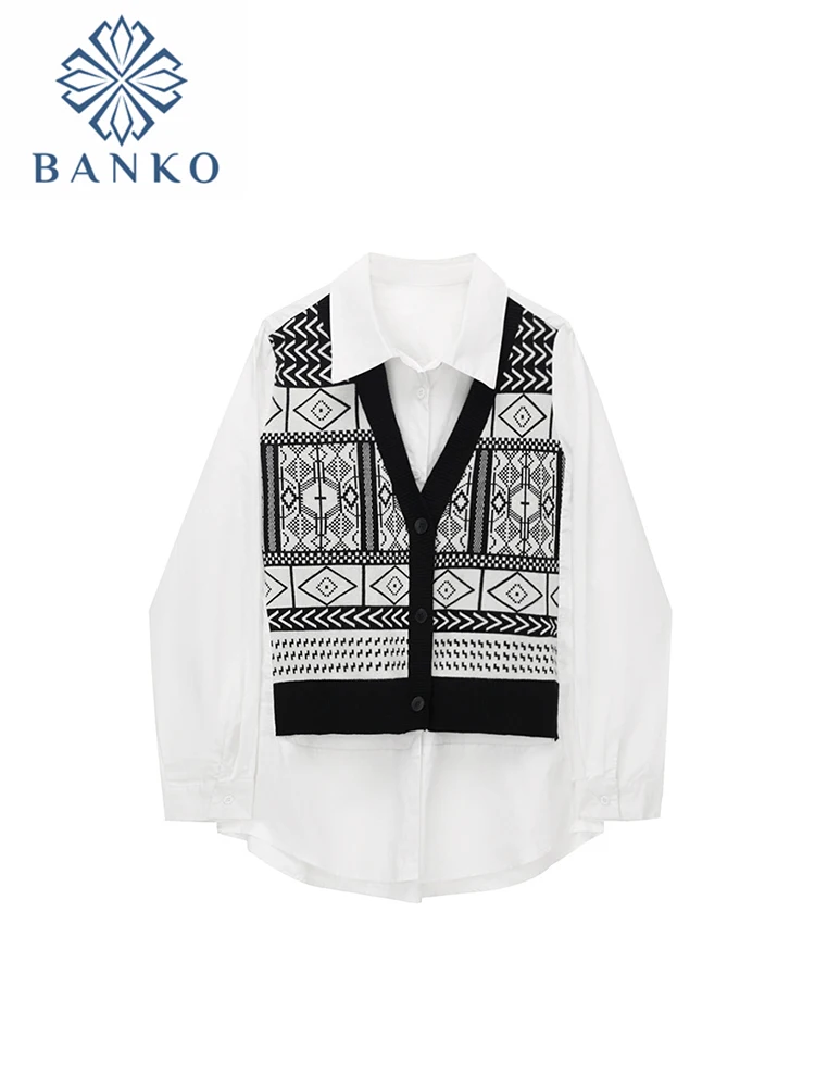 2022 Autumn New Vintage Printing For Women V-Neck Single Breasted Vest Korean Harajuku Long Sleeve Trendy Fake Two piece Set