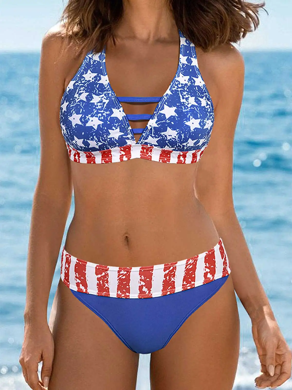 

Sexy American Flag Hollow Out Halter Bikini Set Swimsuit For Women Swimwear High Waist Retro Print Female Bathing Suit Beach