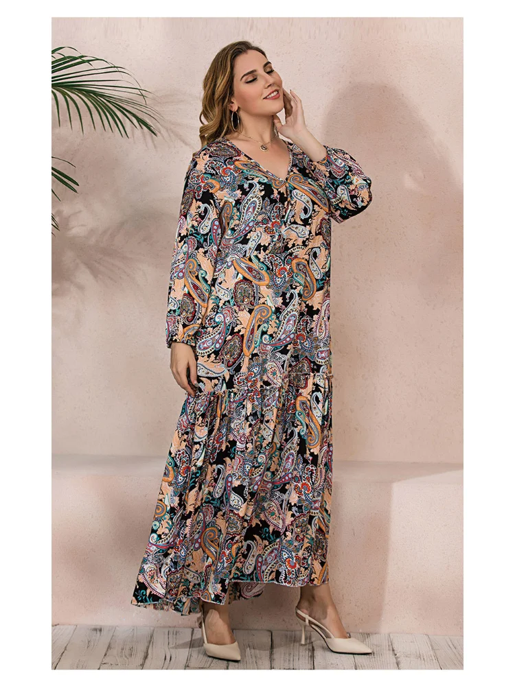 Spring and Summer Best Selling Retro Paisley Plus Size Dress Fat mm Loose Long Sleeve Pendulum Long Dress