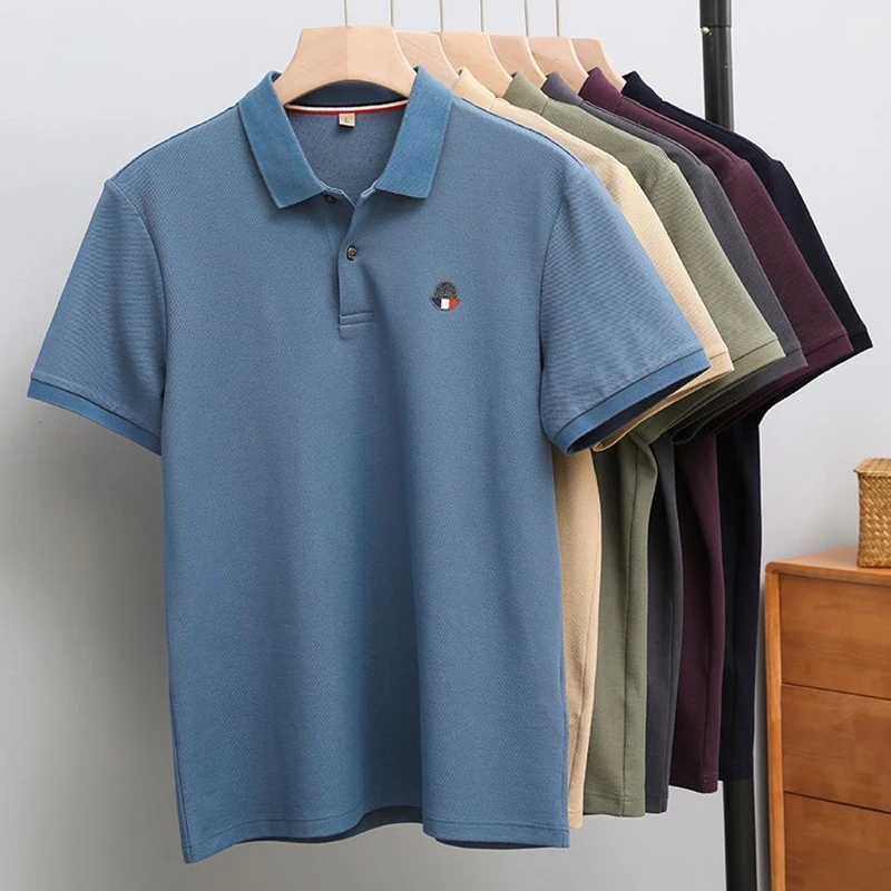 

New Trendy 100% Cotton POLO Shirt Men's Thickened Short-sleeved Collar Mid-length Temperament Trendy Men's Loose Embroidery Top